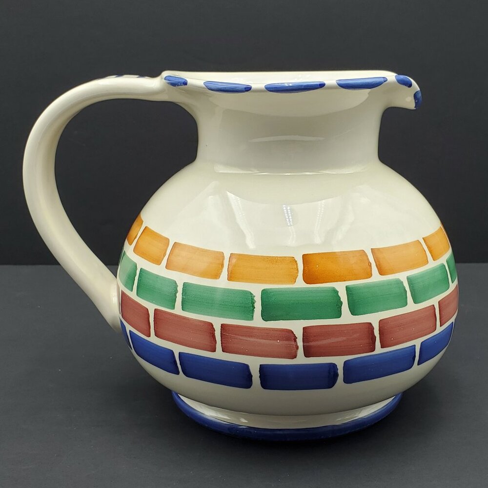 Pier 1 Colorful Blocks Pitcher Blue Red Green Orange Bricks Rectangles on Cream